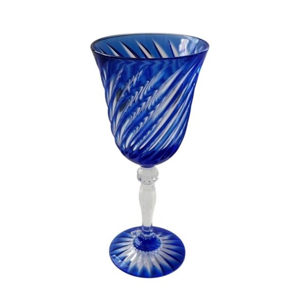 Vtg Cristal D’Arques Durand Valse Cobalt 7” Wine Glass Blue Swirl Cut to Clear - Picture 1 of 7